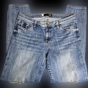 Kut Jeans Medium Wash Straight Leg Mid Rise Distressed Front Zip Fly Sz 8